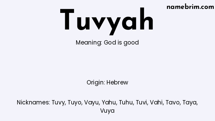 Infographic of Tuvyah name meaning, which is a name of Hebrew origin, Tuvyah means God is good, and Tuvy is a nickname for Tuvyah.