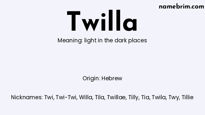 Twilla, a name of Hebrew origin, means 'light in the dark places.' A common nickname for Twilla is Twi.