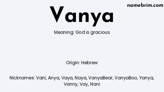 Infographic of Vanya name meaning, which is a name of Hebrew origin, Vanya means God is gracious, and Vani is a nickname for Vanya.