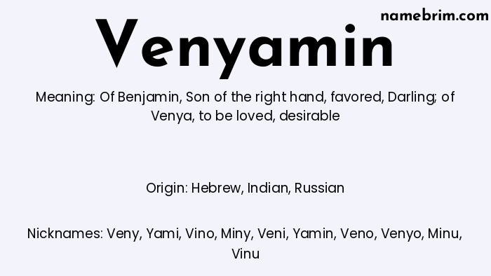 Infographic of Venyamin name meaning, which is a name of Hebrew origin, Venyamin means of Benjamin, and Veny is a nickname for Venyamin.