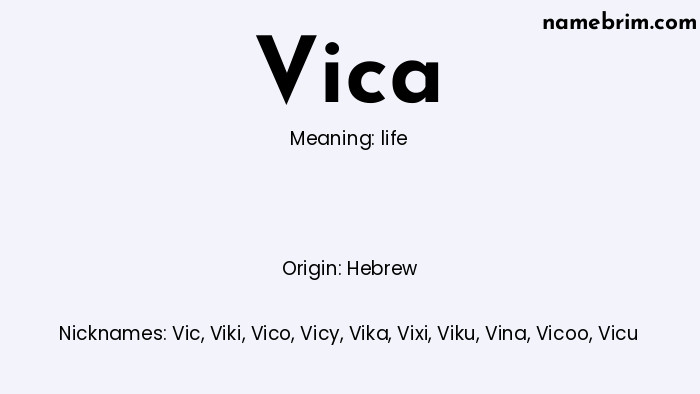 Infographic of Vica name meaning, which is a name of Hebrew origin, Vica means life, and Vic is a nickname for Vica.