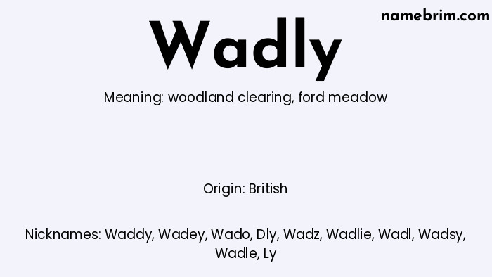 Wadly, a name of British origin, means 'ford meadow.' A common nickname for Wadly is Waddy.