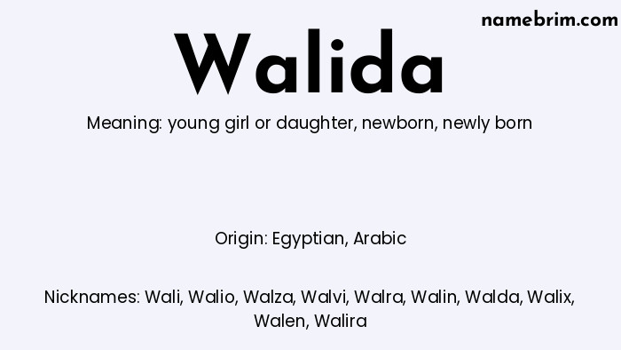 Walida, a name of Egyptian origin, means 'newly born.' A common nickname for Walida is Wali.