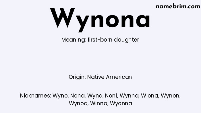 Wynona, a name of Native American origin, means 'first-born daughter.' A common nickname for Wynona is Wyno.