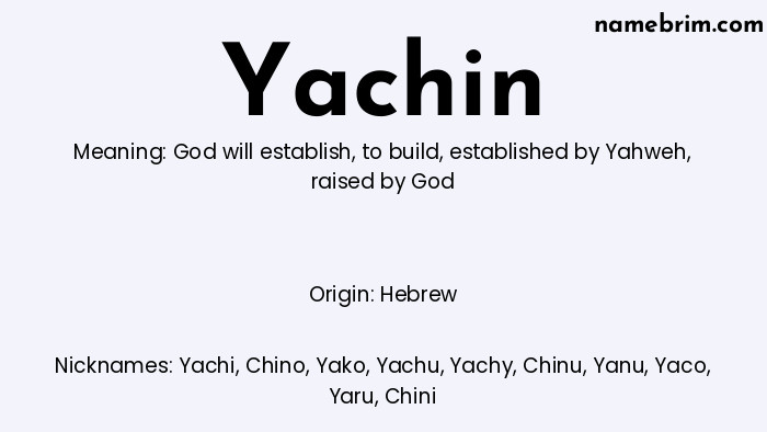 Infographic of Yachin name meaning, which is a name of Hebrew origin, Yachin means God will establish, and Yachi is a nickname for Yachin.