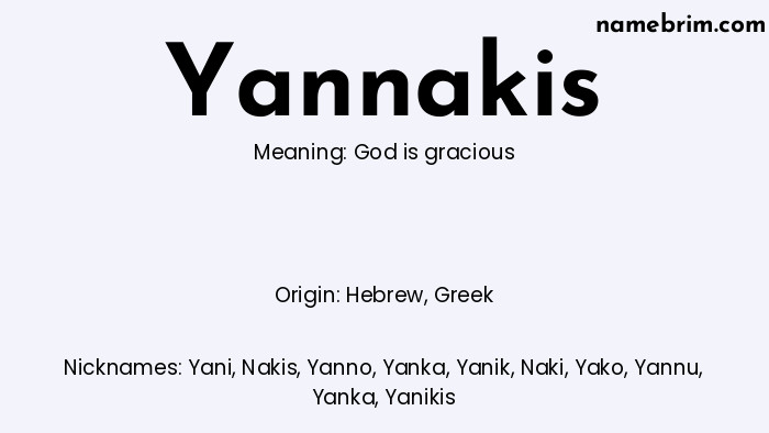 Infographic of Yannakis name meaning, which is a name of Hebrew origin, Yannakis means God is gracious, and Yani is a nickname for Yannakis.