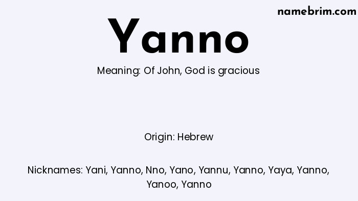 Infographic of Yanno name meaning, which is a name of Hebrew origin, Yanno means of John, and Yani is a nickname for Yanno.