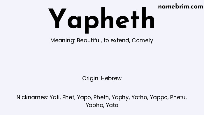 Infographic of Yapheth name meaning, which is a name of Hebrew origin, Yapheth means beautiful, and Yafi is a nickname for Yapheth.