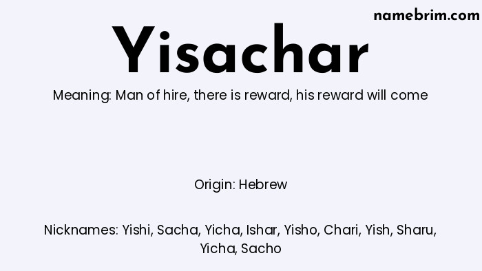 Infographic of Yisachar name meaning, which is a name of Hebrew origin, Yisachar means man of hire, and Yishi is a nickname for Yisachar.