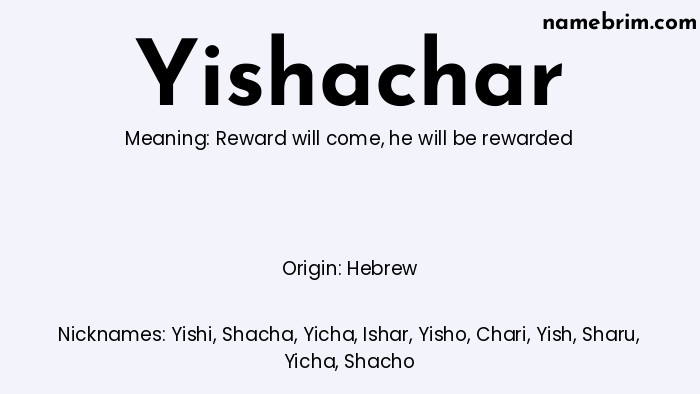 Infographic of Yishachar name meaning, which is a name of Hebrew origin, Yishachar means reward will come, and Yishi is a nickname for Yishachar.