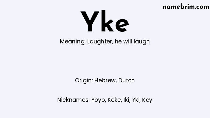 Infographic of Yke name meaning, which is a name of Hebrew origin, Yke means laughter, and Yoyo is a nickname for Yke.