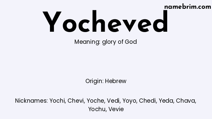 Infographic of Yocheved name meaning, which is a name of Hebrew origin, Yocheved means glory of God, and Yochi is a nickname for Yocheved.