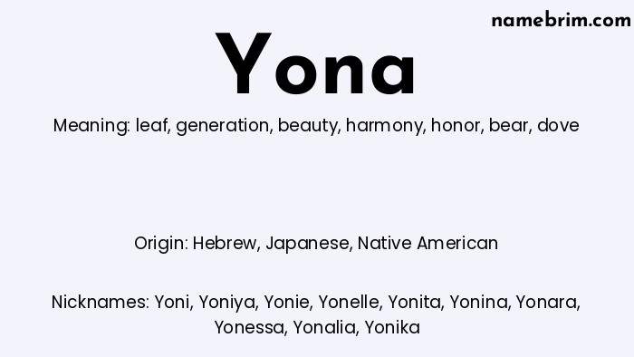 Yona, a name of Hebrew origin, means 'dove.' A common nickname for Yona is Yoni.