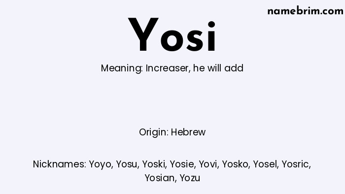 Infographic of Yosi name meaning, which is a name of Hebrew origin, Yosi means increaser, and Yoyo is a nickname for Yosi.