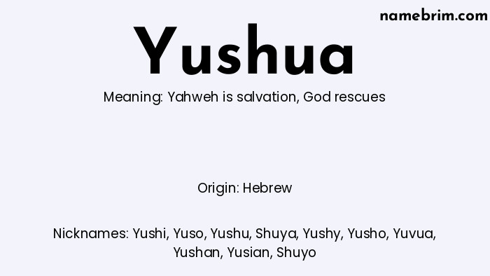 Infographic of Yushua name meaning, which is a name of Hebrew origin, Yushua means Yahweh is salvation, and Yushi is a nickname for Yushua.