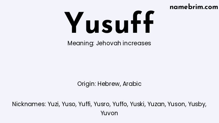 Infographic of Yusuff name meaning, which is a name of Hebrew origin, Yusuff means Jehovah increases, and Yuzi is a nickname for Yusuff.