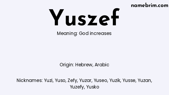 Infographic of Yuszef name meaning, which is a name of Hebrew origin, Yuszef means God increases, and Yuzi is a nickname for Yuszef.