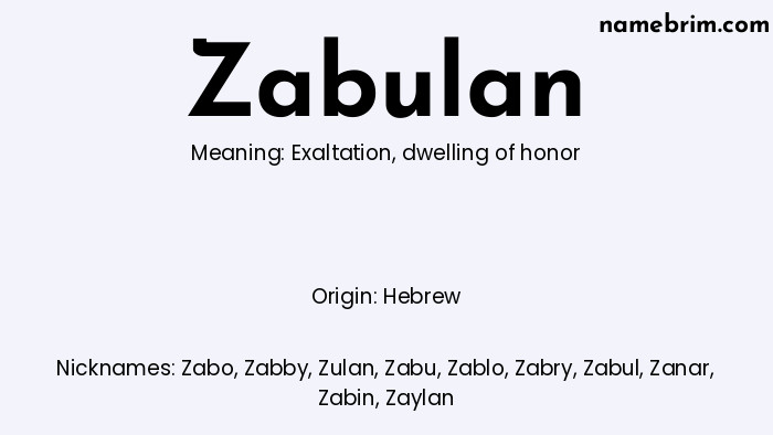 Zabulan, a name of Hebrew origin, means 'Exaltation.' A common nickname for Zabulan is Zabo.