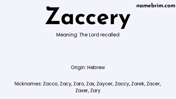 Infographic of Zaccery name meaning, which is a name of Hebrew origin, Zaccery means the Lord recalled, and Zacco is a nickname for Zaccery.