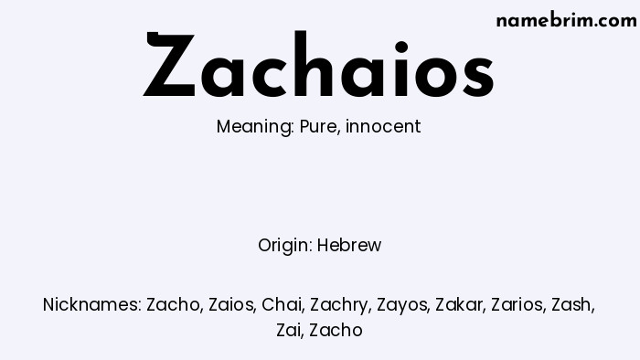 Infographic of Zachaios name meaning, which is a name of Hebrew origin, Zachaios means pure, and Zacho is a nickname for Zachaios.