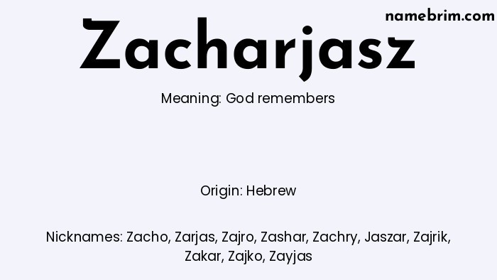 Infographic of Zacharjasz name meaning, which is a name of Hebrew origin, Zacharjasz means God remembers, and Zacho is a nickname for Zacharjasz.