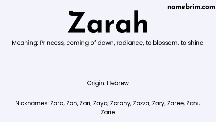 Infographic of Zarah name meaning, which is a name of Hebrew origin, Zarah means princess, and Zara is a nickname for Zarah.