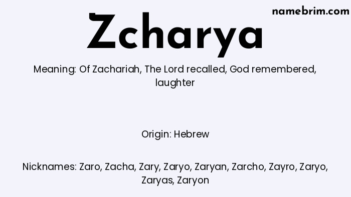 Infographic of Zcharya name meaning, which is a name of Hebrew origin, Zcharya means Of Zachariah, and Zaro is a nickname for Zcharya.