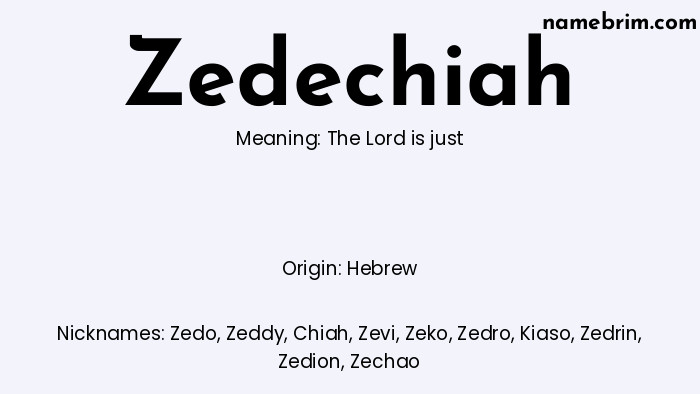 Infographic of Zedechiah name meaning, which is a name of Hebrew origin, Zedechiah means The Lord is just, and Zedo is a nickname for Zedechiah.