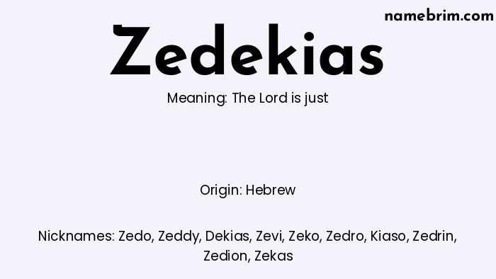 Infographic of Zedekias name meaning, which is a name of Hebrew origin, Zedekias means The Lord is just, and Zedo is a nickname for Zedekias.