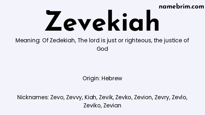 Infographic of Zevekiah name meaning, which is a name of Hebrew origin, Zevekiah means Of Zedekiah, and Zevo is a nickname for Zevekiah.