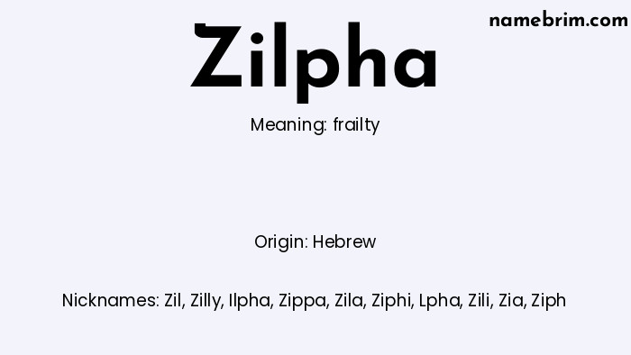 Infographic of Zilpha name meaning, which is a name of Hebrew origin, Zilpha means frailty, and Zil is a nickname for Zilpha.