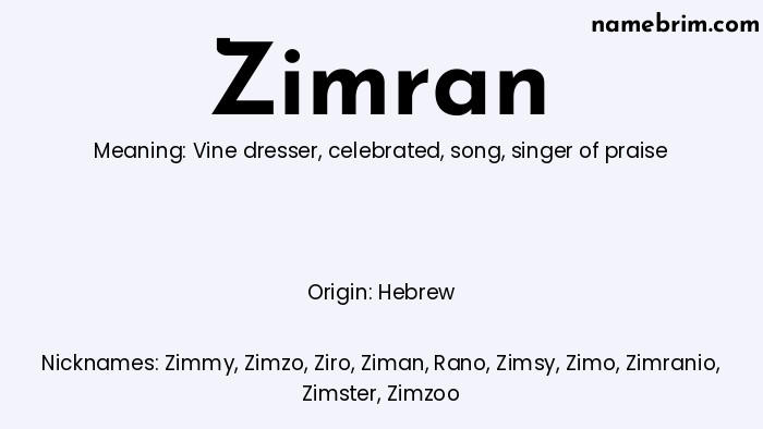 Infographic of Zimran name meaning, which is a name of Hebrew origin, Zimran means vine dresser, and Zimmy is a nickname for Zimran.