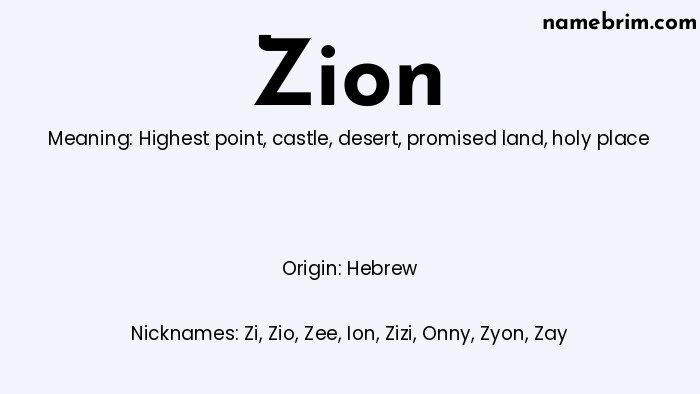 Infographic of Zion name meaning, which is a name of Hebrew origin, Zion means highest point, and Zi is a nickname for Zion.