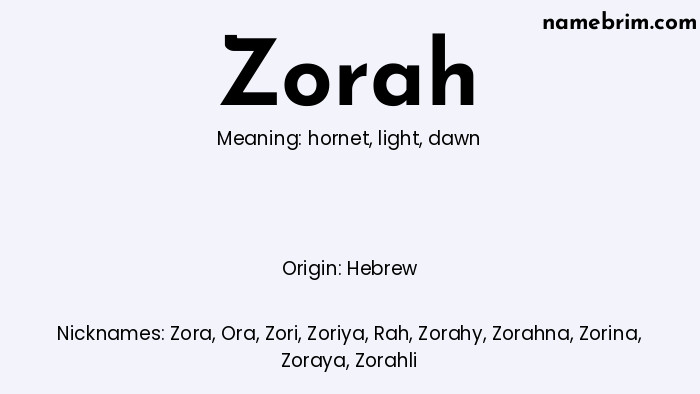 Zorah, a name of Hebrew origin, means 'dawn.' A common nickname for Zorah is Zora.