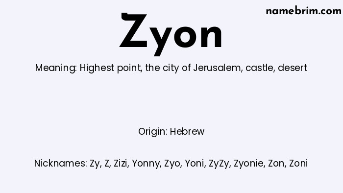 Infographic of Zyon name meaning, which is a name of Hebrew origin, Zyon means highest point, and Zy is a nickname for Zyon.